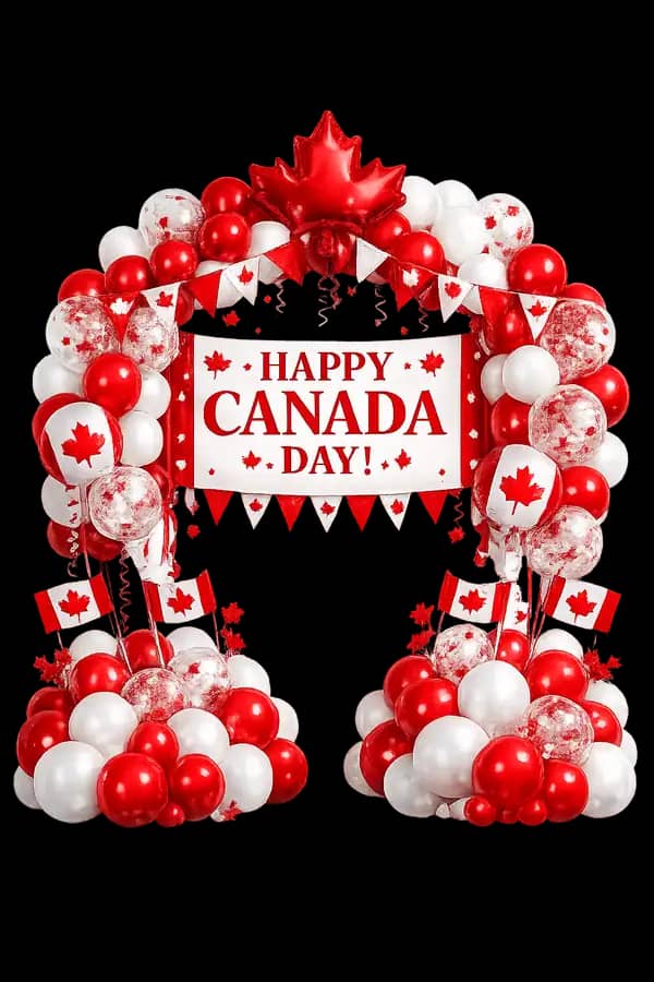 Happy Canada Day balloon arch with red and white balloons, a maple leaf foil topper, confetti balloons and mini Canadian flags